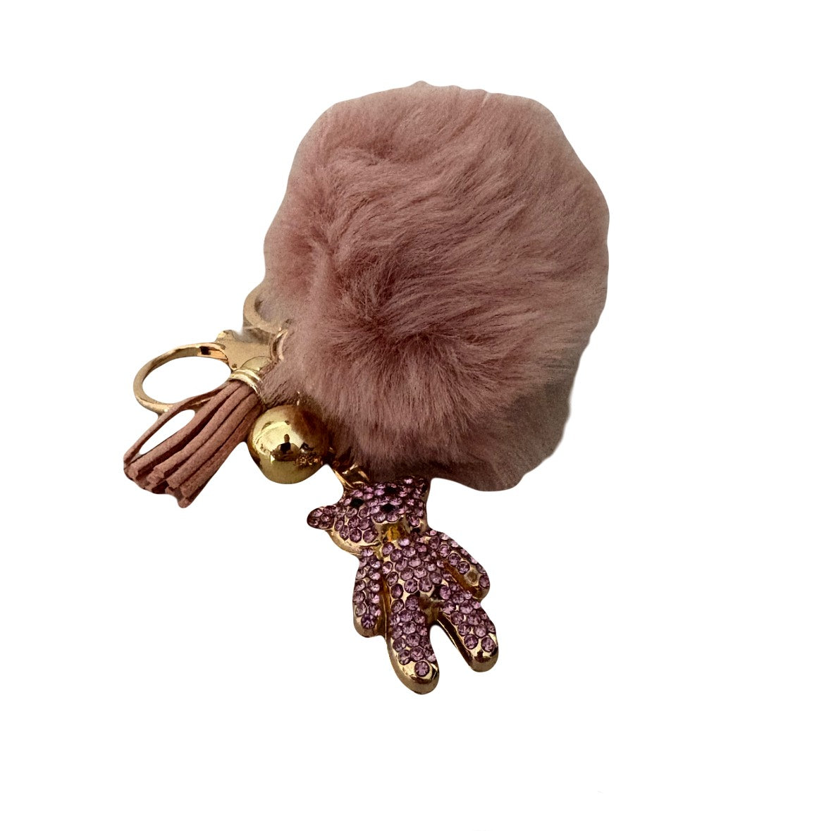 Flauschiger Schlüsselanhänger mit Teddybär und Quaste – Rosa/Gold