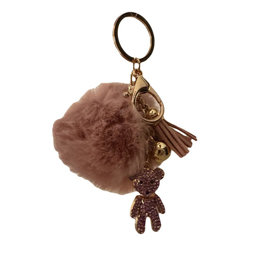 Flauschiger Schlüsselanhänger mit Teddybär und Quaste – Rosa/Gold