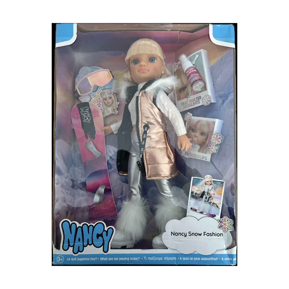 NANCY - Snow Fashion, EIN Tag im Schnee, Ski Puppe mit Snowboard und Silber Glam