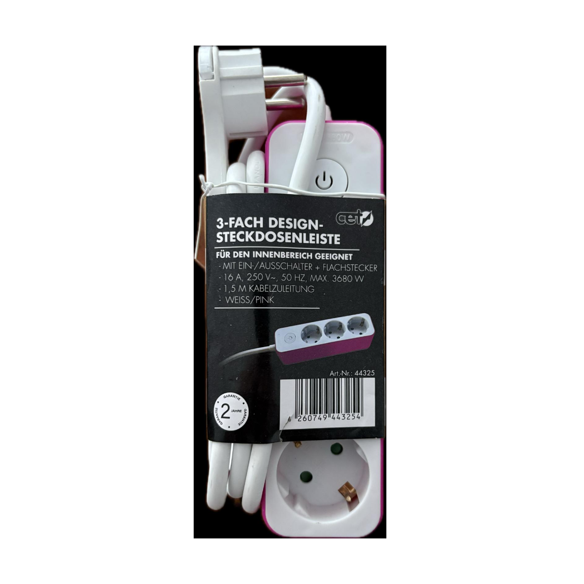 3-fach Design-Steckdosenleiste mit Ein-/Ausschalter+Flachstecker Pink/Weiß
